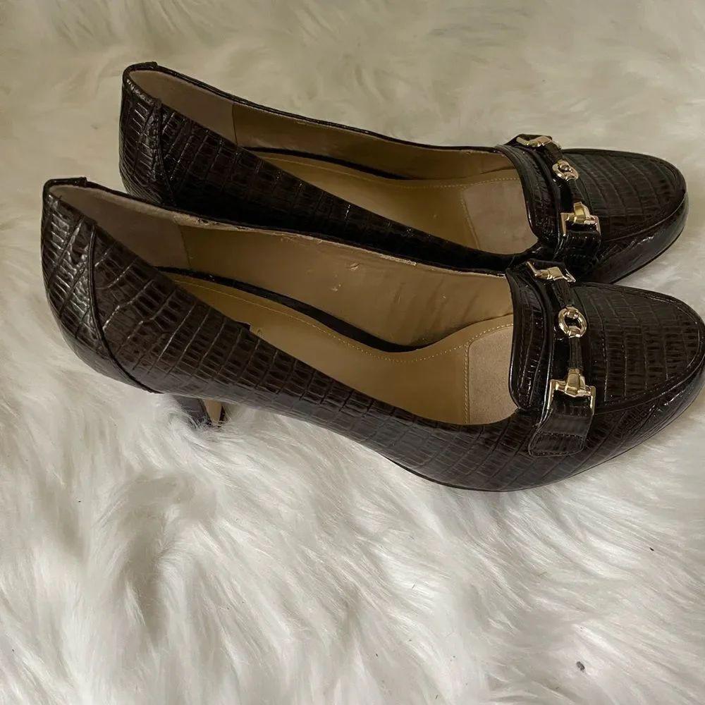 Alex Marie brown leather reptile prints 3”heels slip on with gold tone accent - Picture 8 of 10